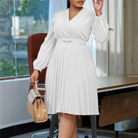 Stylish V-Neck Pleated Dress in Solid Color