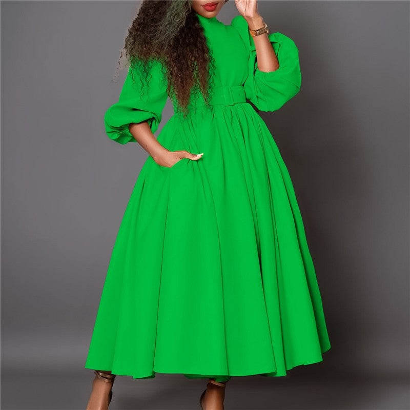 High Neck Seven-Sleeve Waist-Cinching Dress