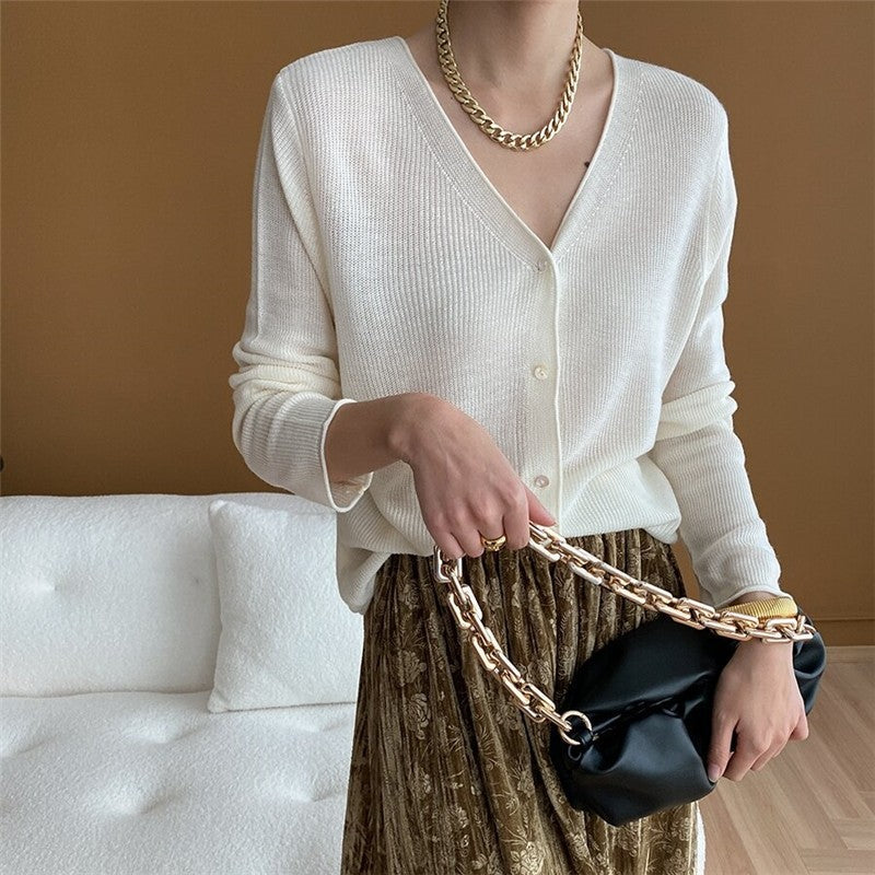 Solid Color V-Neck Ribbed Knit Cardigan