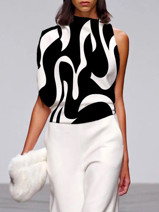 Flowy Sleeveless One Shoulder Top with Asymmetrical Contrast Color Print