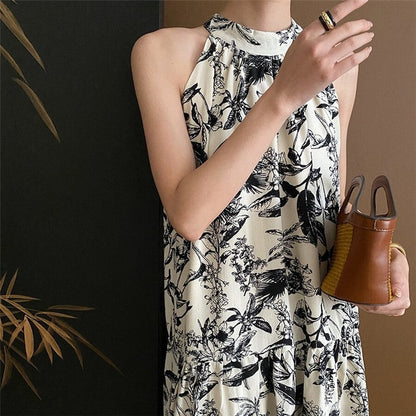 Watercolor Floral Sleeveless Halter Dress