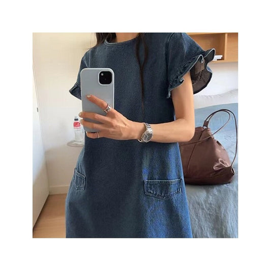 Fashionable Denim Dress with Frilled Cuffs and Pockets