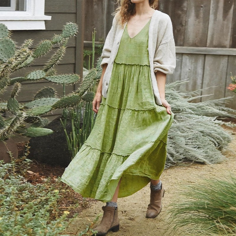 Solid Color Sleeveless Cotton Linen Dress