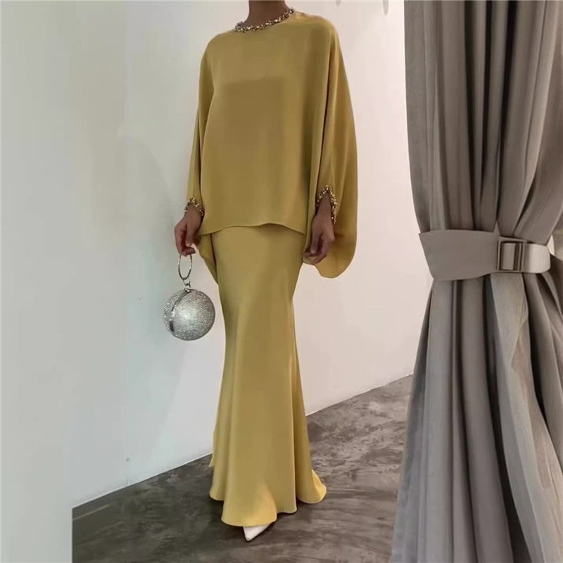 Solid Color Pearl Embellished Floor-Length Dress Ensemble