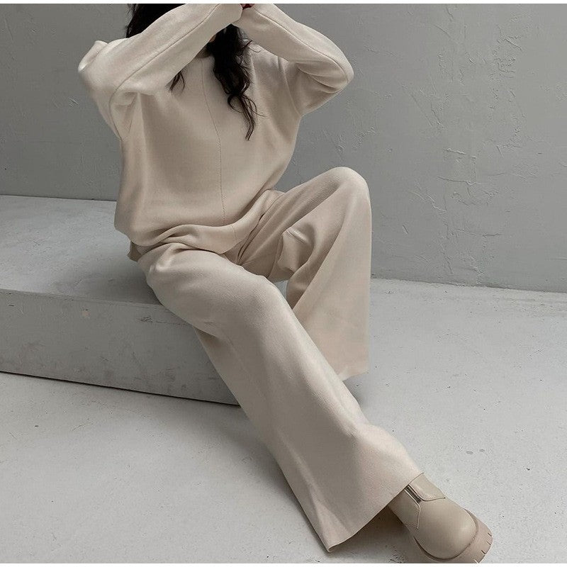 Casual Loose Knitted Two-Piece Set with Solid Color Long Sleeve Top and Pants