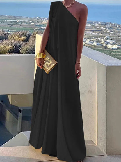 Flowy White One-Shoulder Maxi Dress with Asymmetrical Hem