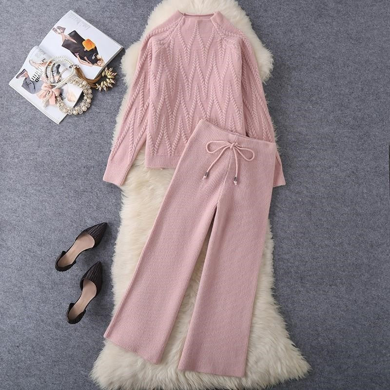 Solid Color Jacquard Long Sleeve Top And Pants Knit Set
