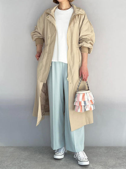 Loose Long Sleeves Drawstring Solid Color Zipper Hooded Trench Coats Outerwear