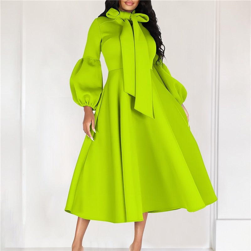 Bubble Sleeve Tie-Waist Maxi Evening Dress