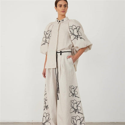 Printed Cotton Linen Wide-Leg Pants Set
