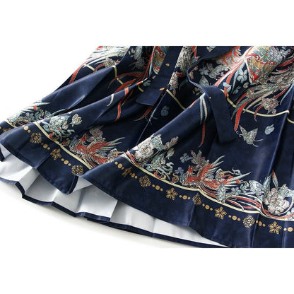 Phoenix Print Pleated Skirt with Chinese Style Waist Tie