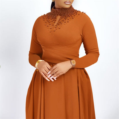 Chic High Neck Beaded Waist Ball Gown Dress for a Flattering Silhouette
