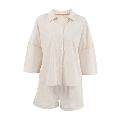 Cotton Linen Women's Seven-Quarter Sleeve Top and Shorts Pajama Set