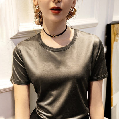 Solid Color Crewneck Short Sleeves Shiny T-Shirt