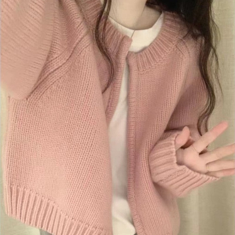Solid Color Long Sleeve Crewneck Zipper Knitted Cardigan Sweater