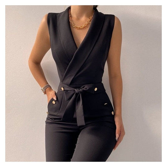 Solid Color V-Neck Sleeveless Jumpsuit - Professional Chic
