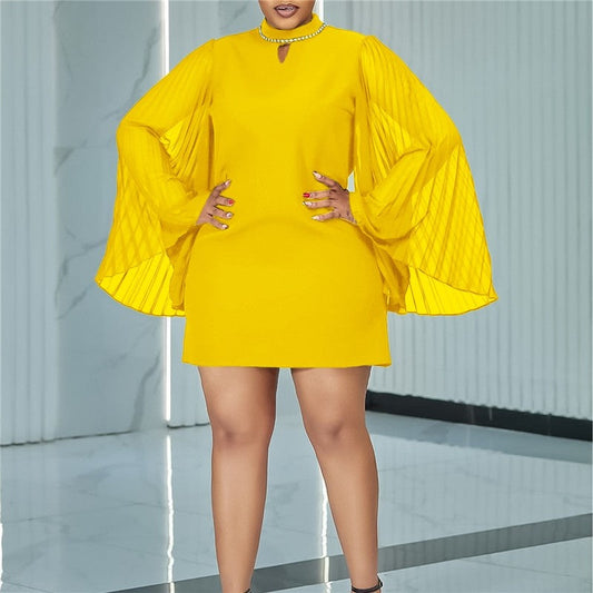 Chic Solid Color Bell Sleeve Dress with Pleats and Studs