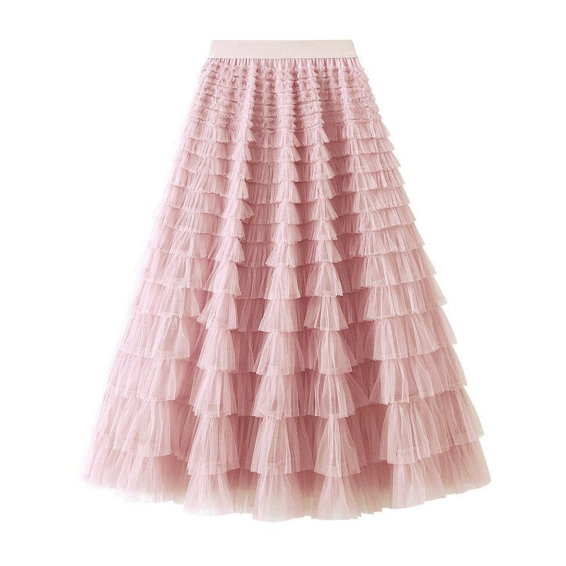 Ruffled A-Line Mesh Cake Skirt with Elastic Waist in Solid Color