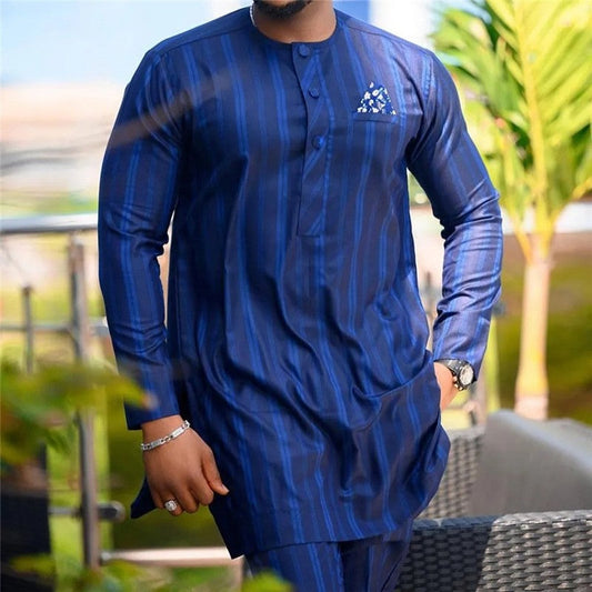 Men's Striped Printed Long Sleeved Pants Set