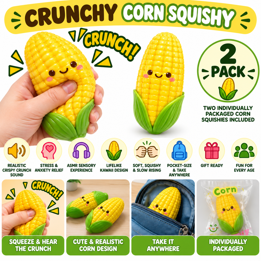 Crunchy Squishies Corn Squeeze Toy 2-Pack – Crispy Crunch Sound Stress Balls | ASMR Sensory Fidget Toys for Adults & Kids | Kawaii Corn on the Cob Squishies