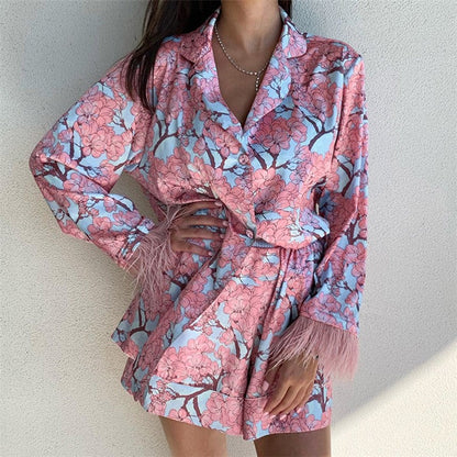 Long Sleeve Ostrich Print Shorts Pajama Set
