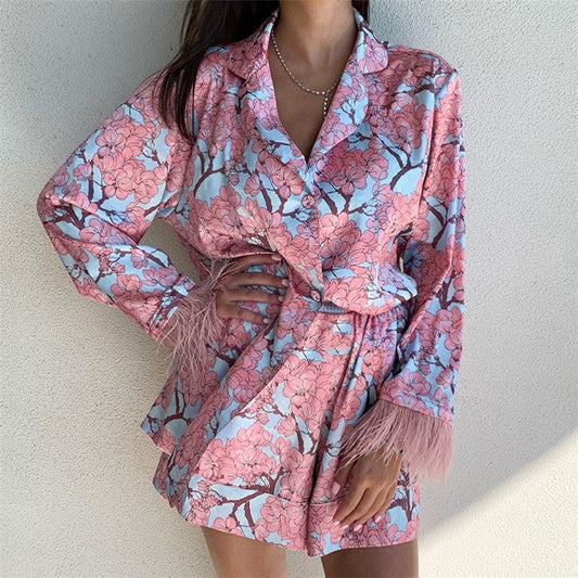 Long Sleeve Ostrich Print Shorts Pajama Set