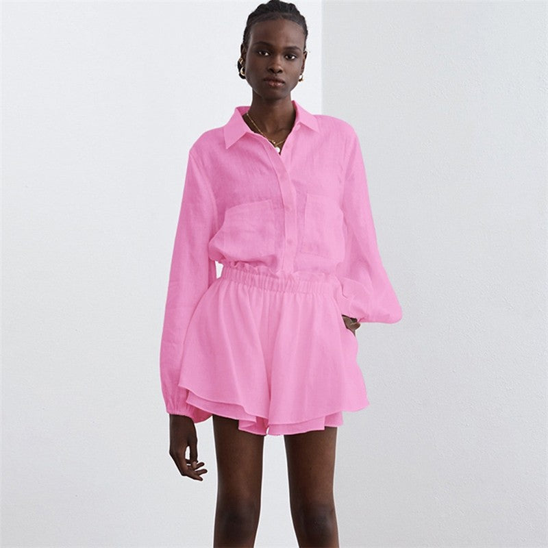 Solid Color Long Sleeve Lapel Single Breasted Blouse and Shorts Set