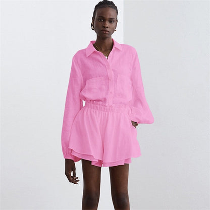 Solid Color Long Sleeve Lapel Single Breasted Blouse and Shorts Set