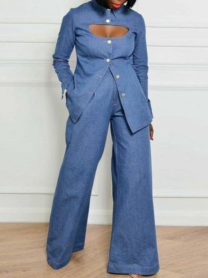 High-Waisted Loose Fit Jeans with Pockets and Lapel - Solid Color