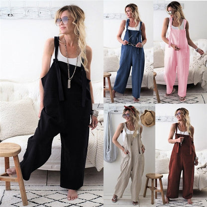 Casual Loose Solid Color Sleeveless Pockets Jumpsuits