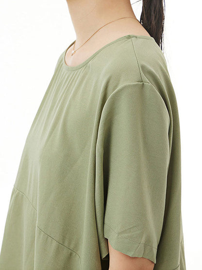 Irregular Clipping Loose Solid Color Round-Neck Midi Dresses