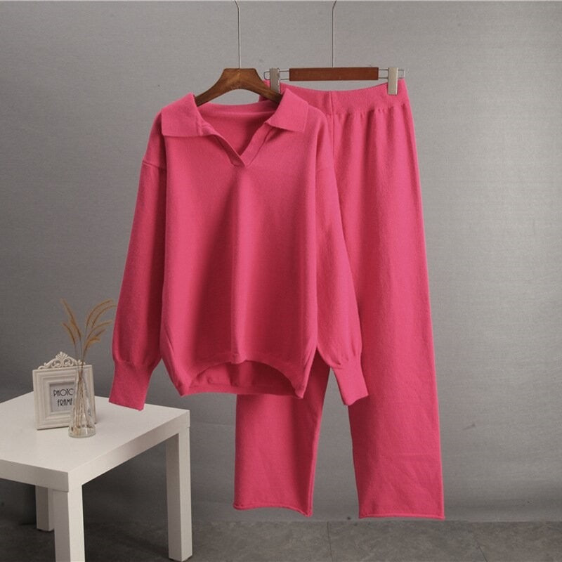 Solid Knit Sweater and Wide Leg Pants Set