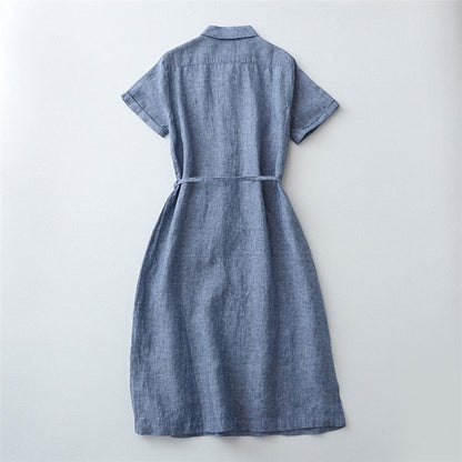Half-Opening Buckle Waist Frenulum Polo Collar Mid Length Dress