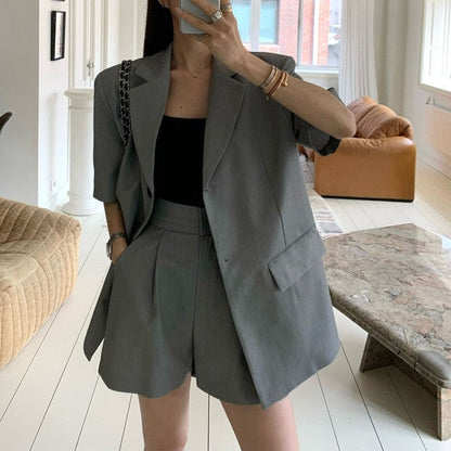 Single-Breasted Suit Shorts Set in Solid Color