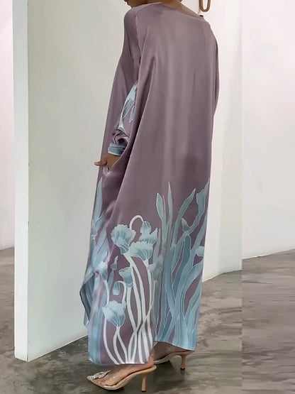 Long Sleeve Buttoned Muslim V-Neck Midi Dress with Contrast Color Flower & Leaves Print