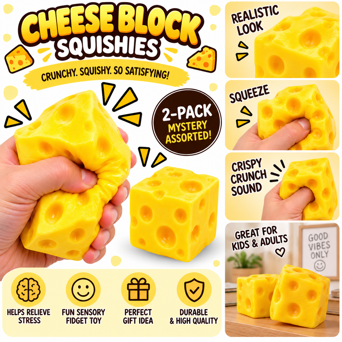 Crunchy Squishies Cheese Block Squeeze Toy 2-Pack – Crispy Crunch Sound Stress Balls | ASMR Sensory Fidget Toys for Adults & Kids | Realistic Swiss Cheese Squishies