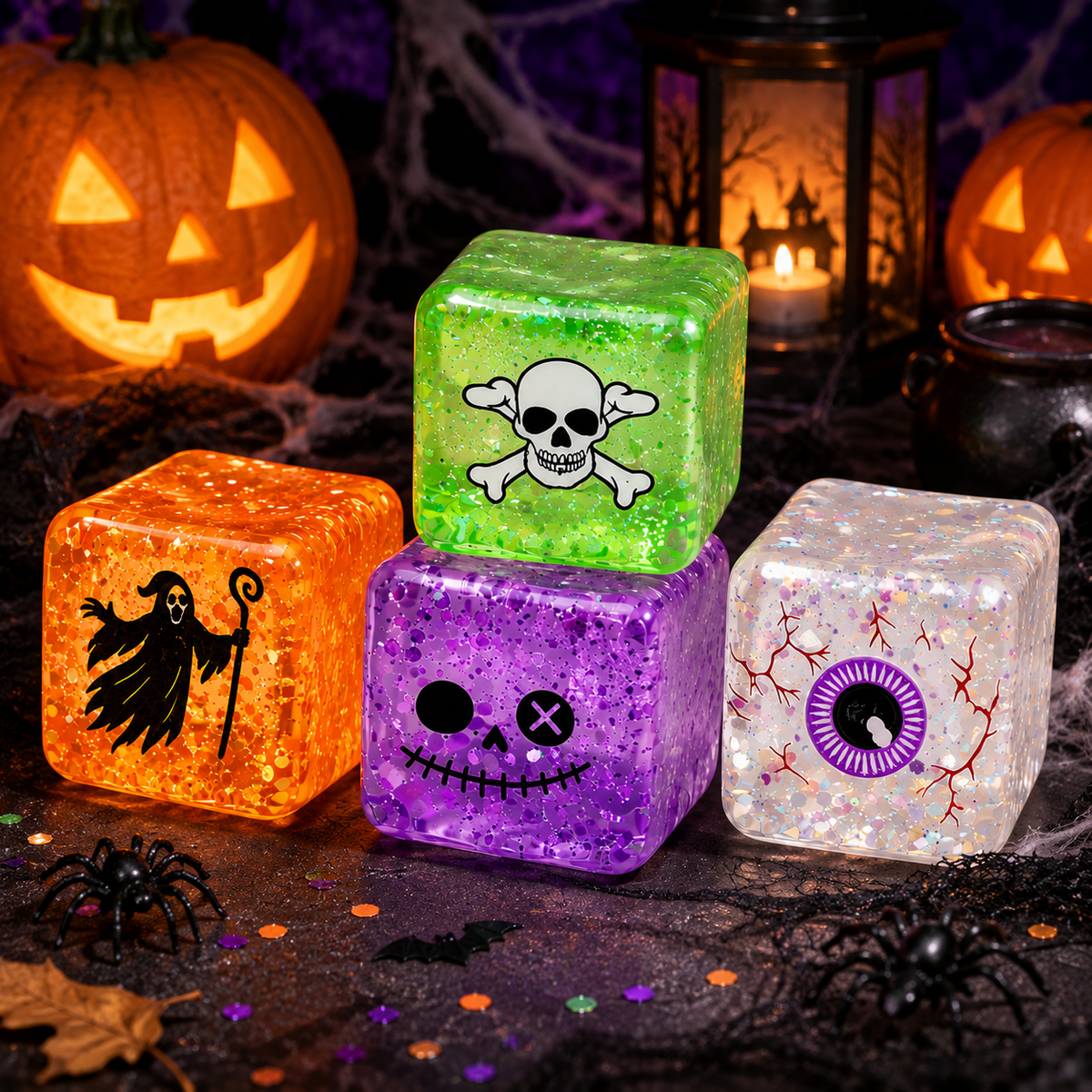 Halloween Squishy Jelly Cube 2-Pack Mystery Set – Glitter-Filled Slow-Rising Stress Relief Fidget Cubes | 4 Spooky Designs | 1.5" | Party Favors & Gifts