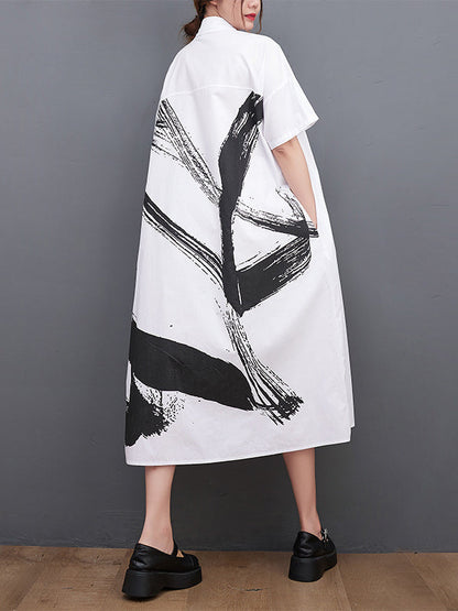 Original Loose Short Sleeves Buttoned Contrast Color Printed Midi Dresses
