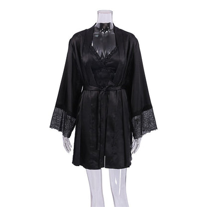 Lace-Trimmed Lingerie Set with Matching Robe and Shorts
