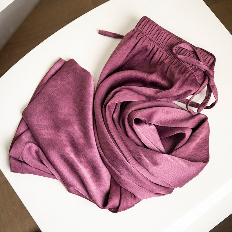 Wide Leg Satin Pants with Elastic Waist - Solid Color