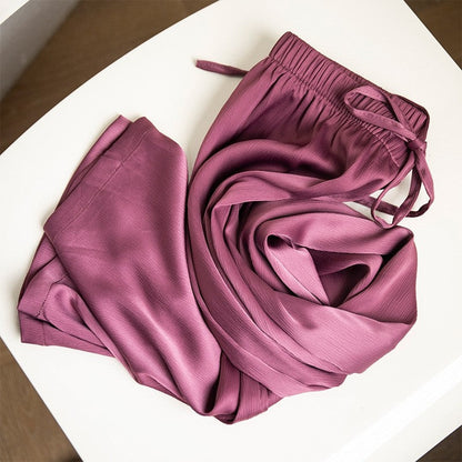 Wide Leg Satin Pants with Elastic Waist - Solid Color