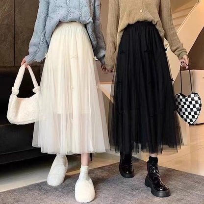 Solid Color Elastic Waist Bowknots Embellished Mesh Skirt