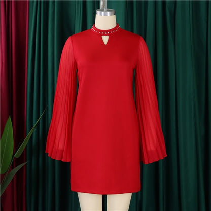 Chic Solid Color Bell Sleeve Dress with Pleats and Studs
