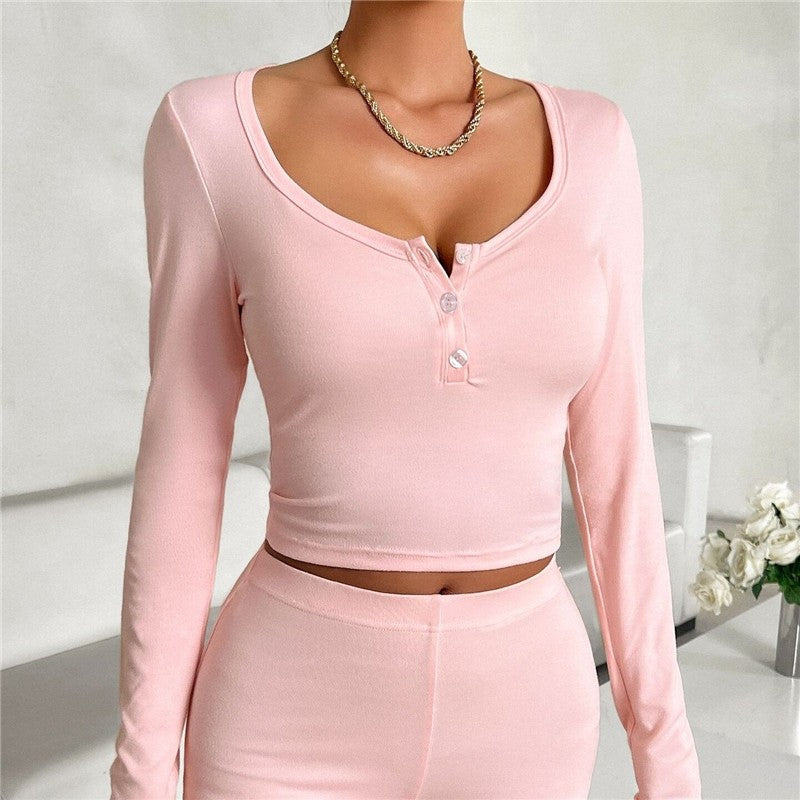 Solid Color Slim Fit Long Sleeve Top and Trousers Ensemble
