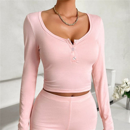 Solid Color Slim Fit Long Sleeve Top and Trousers Ensemble