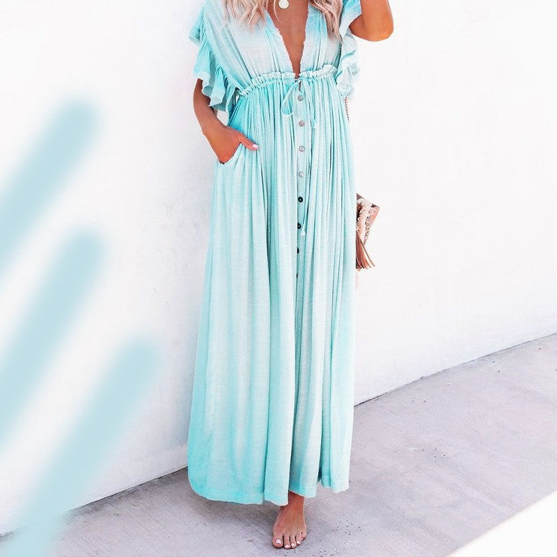 Relaxed Fit Solid Color Long Beach Cover-Up Dress