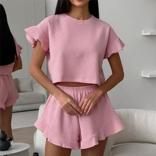 Solid Color Knit Short Sleeve Shorts Pajama Set