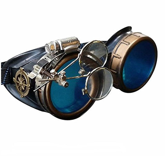 Handmade Victorian Steampunk Goggles with Loupe - blue, red, purple, black, clear, green, light blue lenses