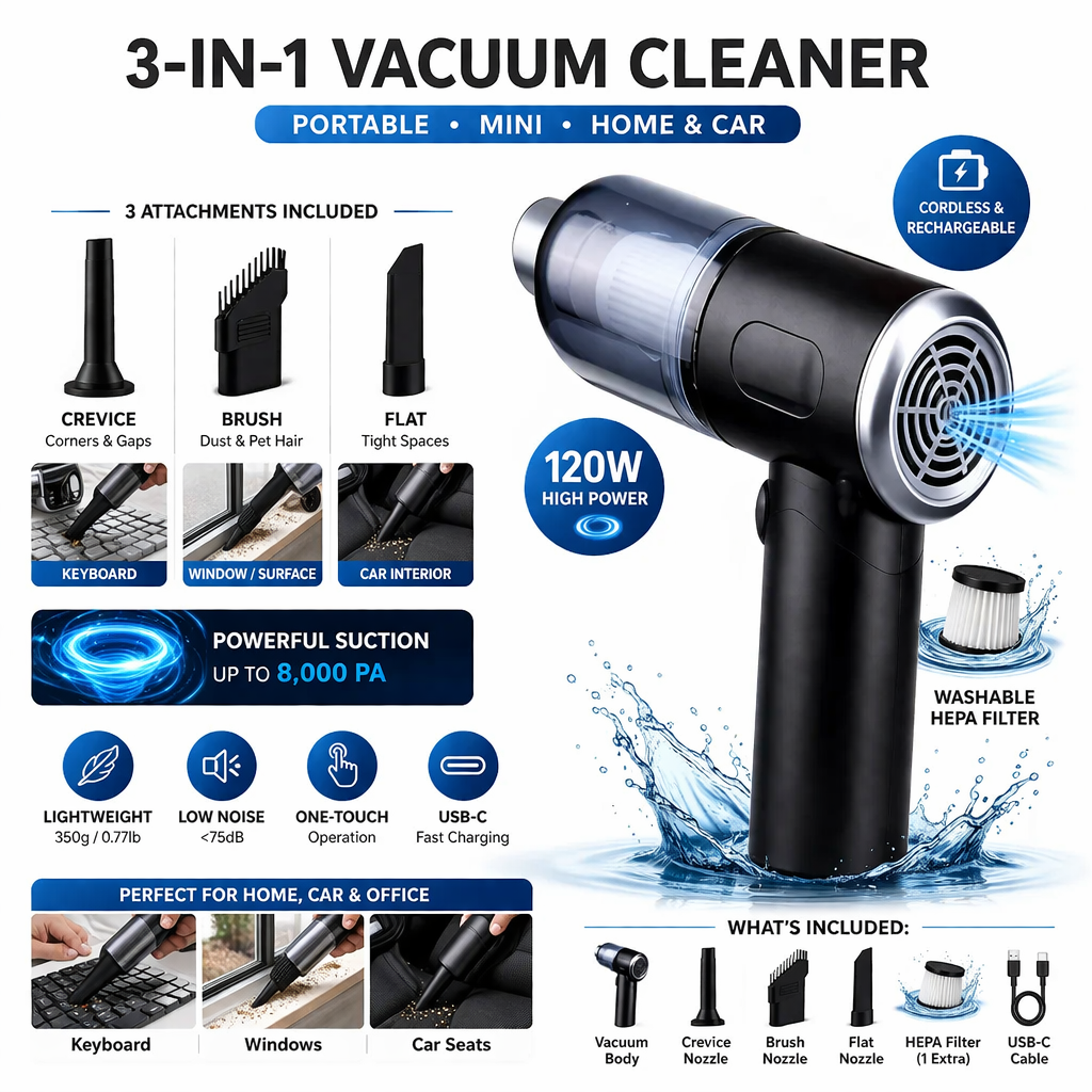 3-in-1 Handheld Wireless Vacuum Cleaner – Portable & Multi-Purpose