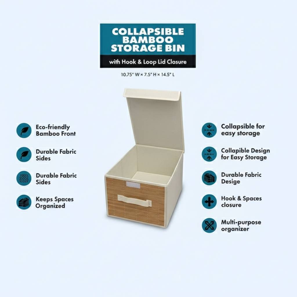 Foldable Fabric Storage Bin with Lid and Bamboo Front Panel